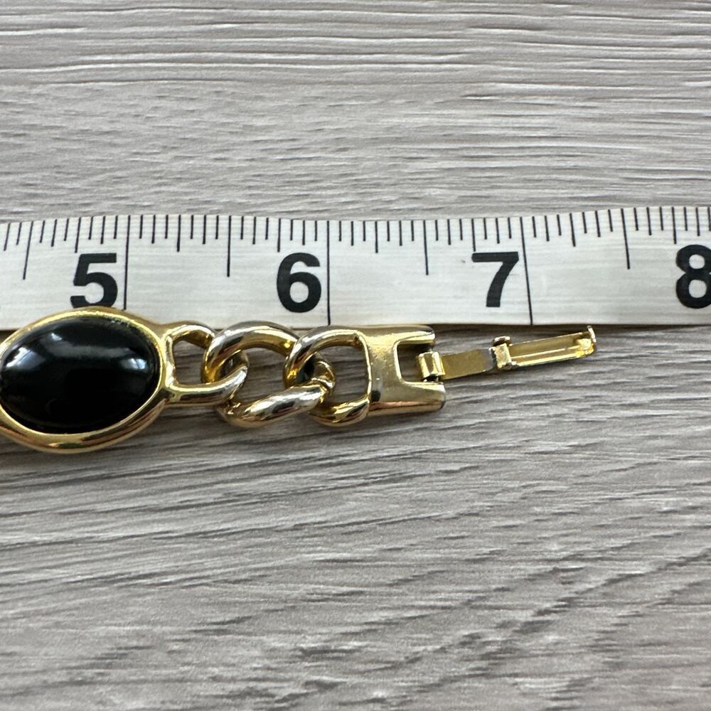 Gold Tone Link Bracelet Black Stones Rounded Ovals c 1950s Jewelry Cabochon - Picture 7 of 7